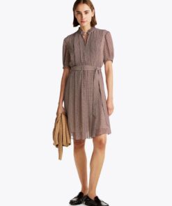 PRINT PLEATED FIT AND FLARE DRESS