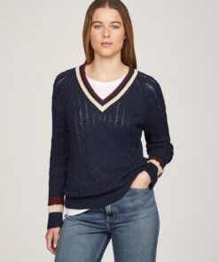 VARSITY CABLE V-NECK SWEATER