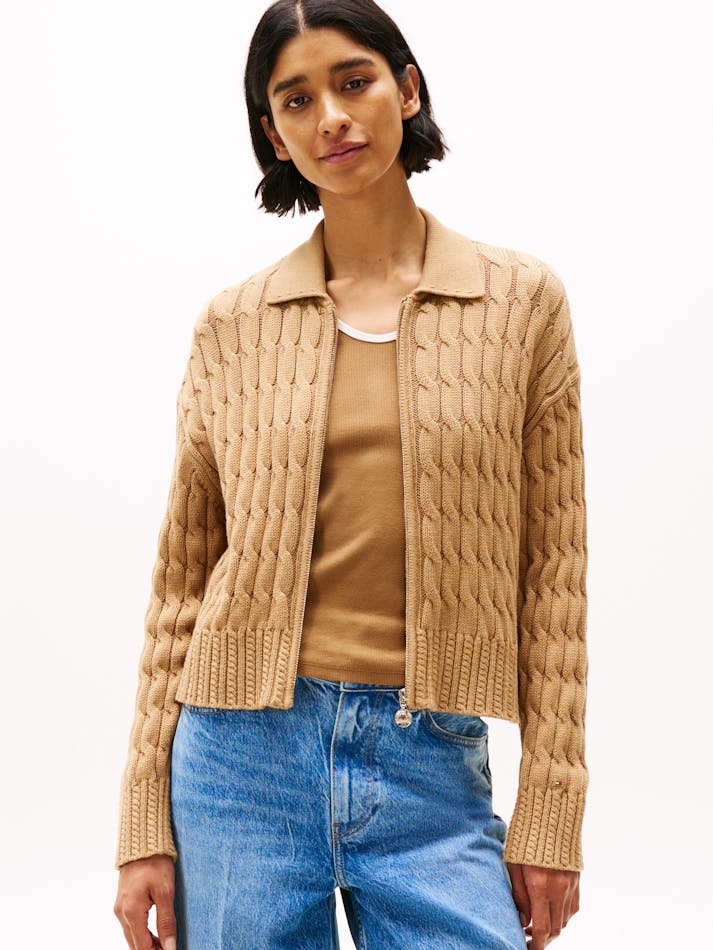 CABLE KNIT ZIP-THRU BOXY CARDIGAN