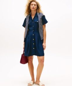 GOLD-TONE BUTTON MINI SHIRT DRESS