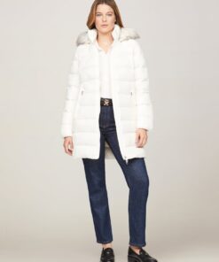 DOWN-FILLED GLOSSY HOODED PUFFER COAT