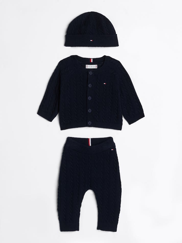 BABY CABLE KNIT THREE-PIECE GIFT SET