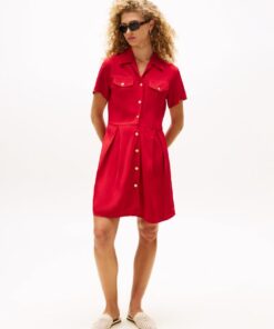 GOLD-TONE BUTTON MINI SHIRT DRESS